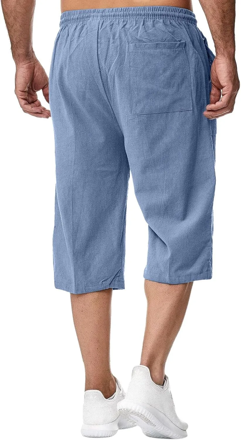 Mens Linen Shorts Casual Loose Cotton Cropped Pants Elastic Waist Drawstring Summer Classic Beach Shorts with Pockets