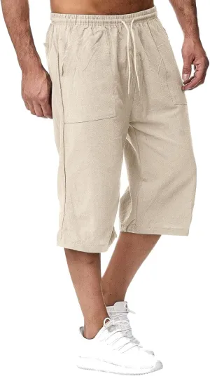 Mens Linen Shorts Casual Loose Cotton Cropped Pants Elastic Waist Drawstring Summer Classic Beach Shorts with Pockets