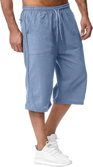 Mens Linen Shorts Casual Loose Cotton Cropped Pants Elastic Waist Drawstring Summer Classic Beach Shorts with Pockets