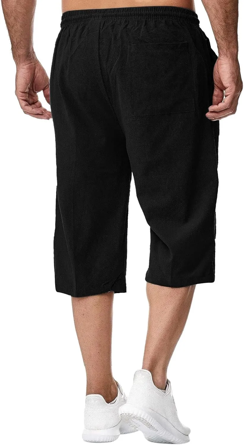 Mens Linen Shorts Casual Loose Cotton Cropped Pants Elastic Waist Drawstring Summer Classic Beach Shorts with Pockets
