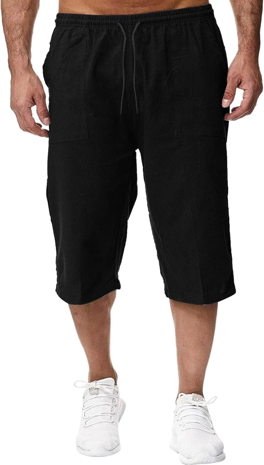 Mens Linen Shorts Casual Loose Cotton Cropped Pants Elastic Waist Drawstring Summer Classic Beach Shorts with Pockets