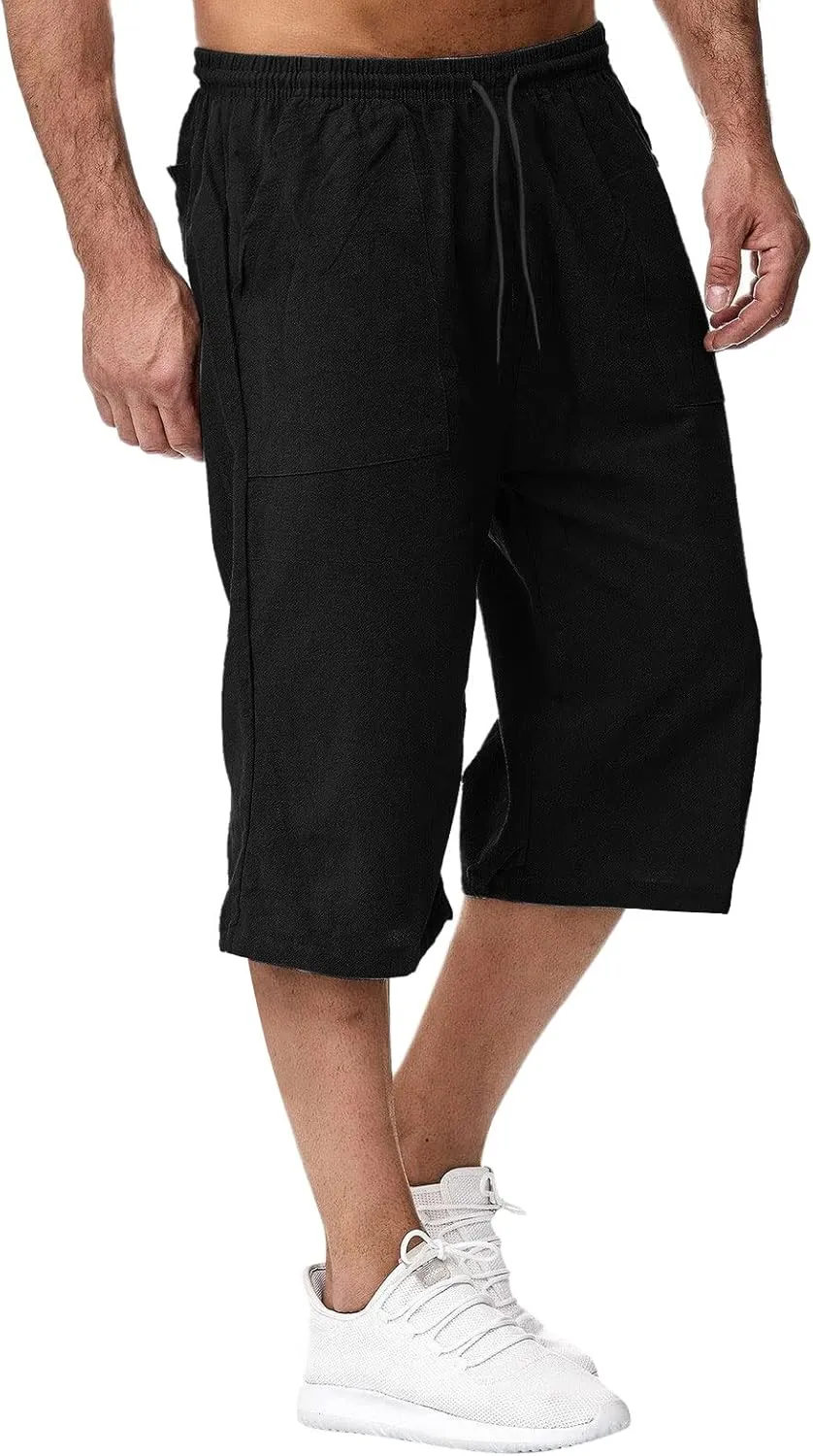 Mens Linen Shorts Casual Loose Cotton Cropped Pants Elastic Waist Drawstring Summer Classic Beach Shorts with Pockets