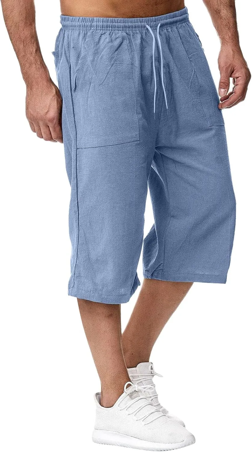 Mens Linen Shorts Casual Loose Cotton Cropped Pants Elastic Waist Drawstring Summer Classic Beach Shorts with Pockets