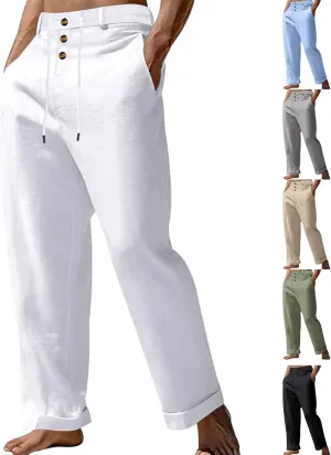 Mens Linen Wide Leg Pants Baggy Drawstring Button Spring Dress Casual Beach Trousers Japanese Hemp Clothing for Men