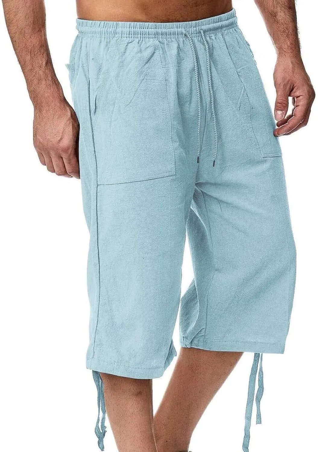 Men's Long Cotton Linen Shorts Knee Length 3/4 Baggy Pants Summer Drawstring Sport Golf Lounge Capri Pant with Pockets 04- Light Blue Large