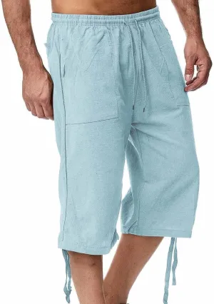 Men's Long Cotton Linen Shorts Knee Length 3/4 Baggy Pants Summer Drawstring Sport Golf Lounge Capri Pant with Pockets 04- Light Blue Large
