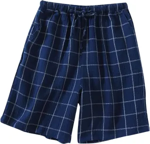 Men's Sleepwear Shorts Cotton Plaid Casual Shorts Pajama Bottom Lounge Short with Pockets Elastic Waist Sleep Shorts