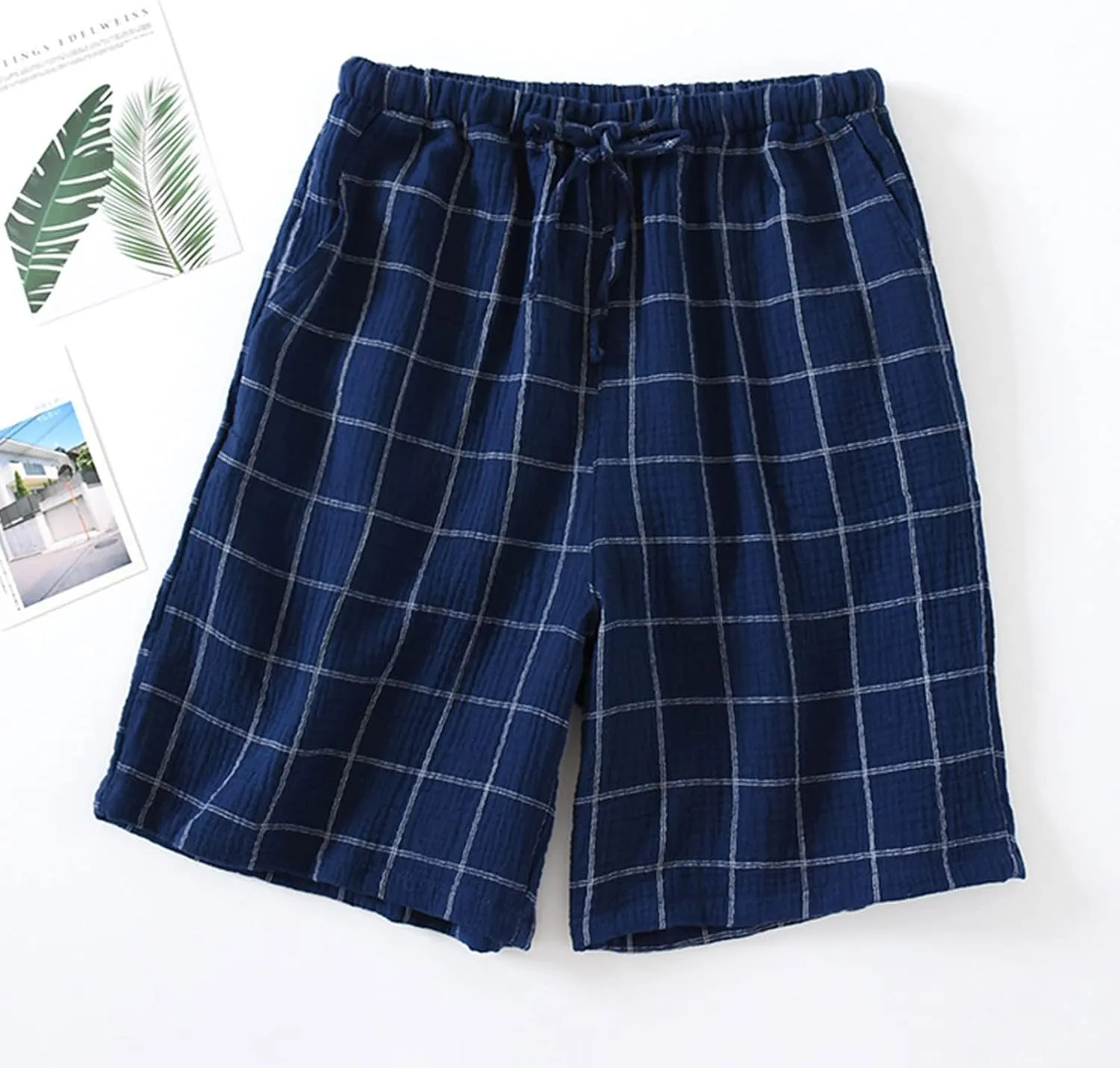 Men's Sleepwear Shorts Cotton Plaid Casual Shorts Pajama Bottom Lounge Short with Pockets Elastic Waist Sleep Shorts