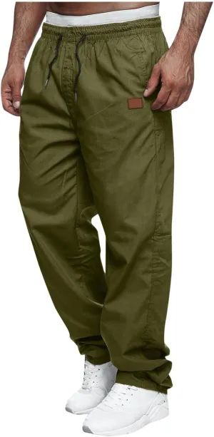 Mens Straight Leg Pants Casual Elastic Waist Drawstring Daily Casual Hiking Chino Cargo Trousers with Pockets