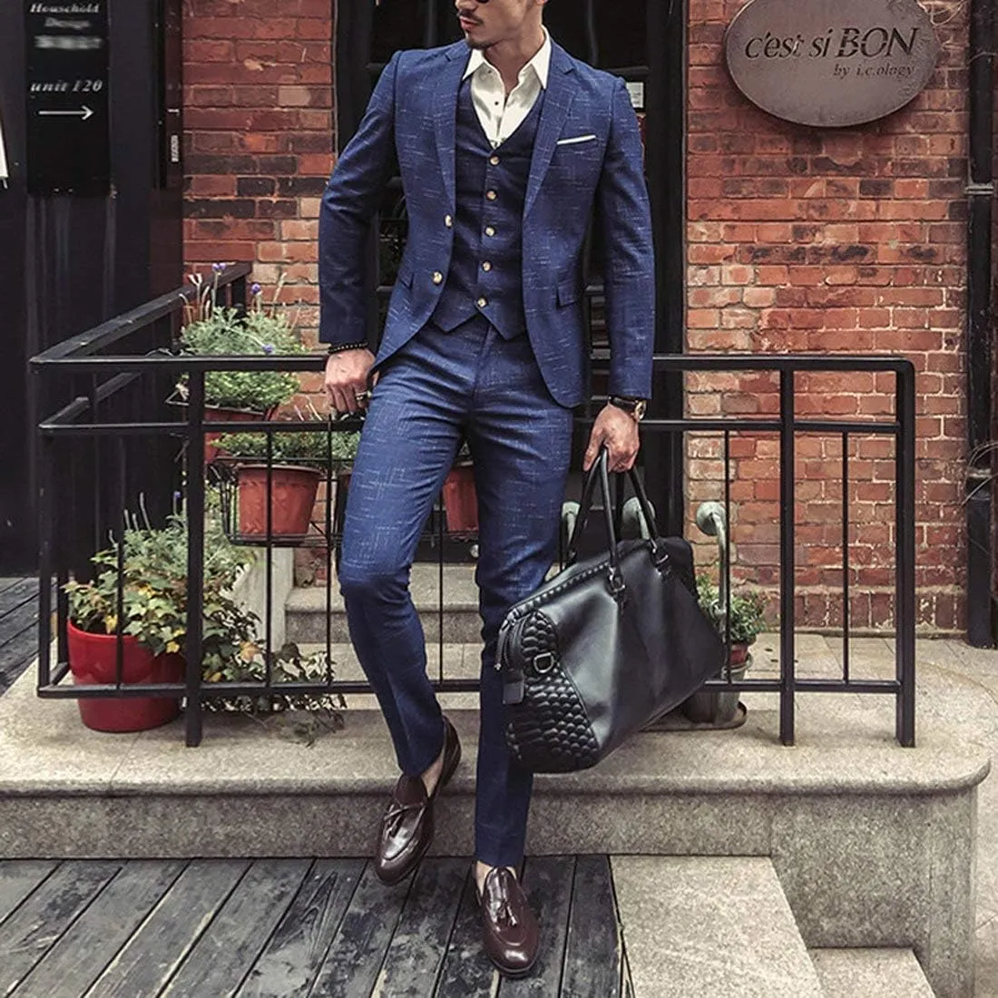 Men's Suits 3 Piece Classic Tweed Herringbone Check Tan Slim Fit Groom Tuxedos Formal Business Suits