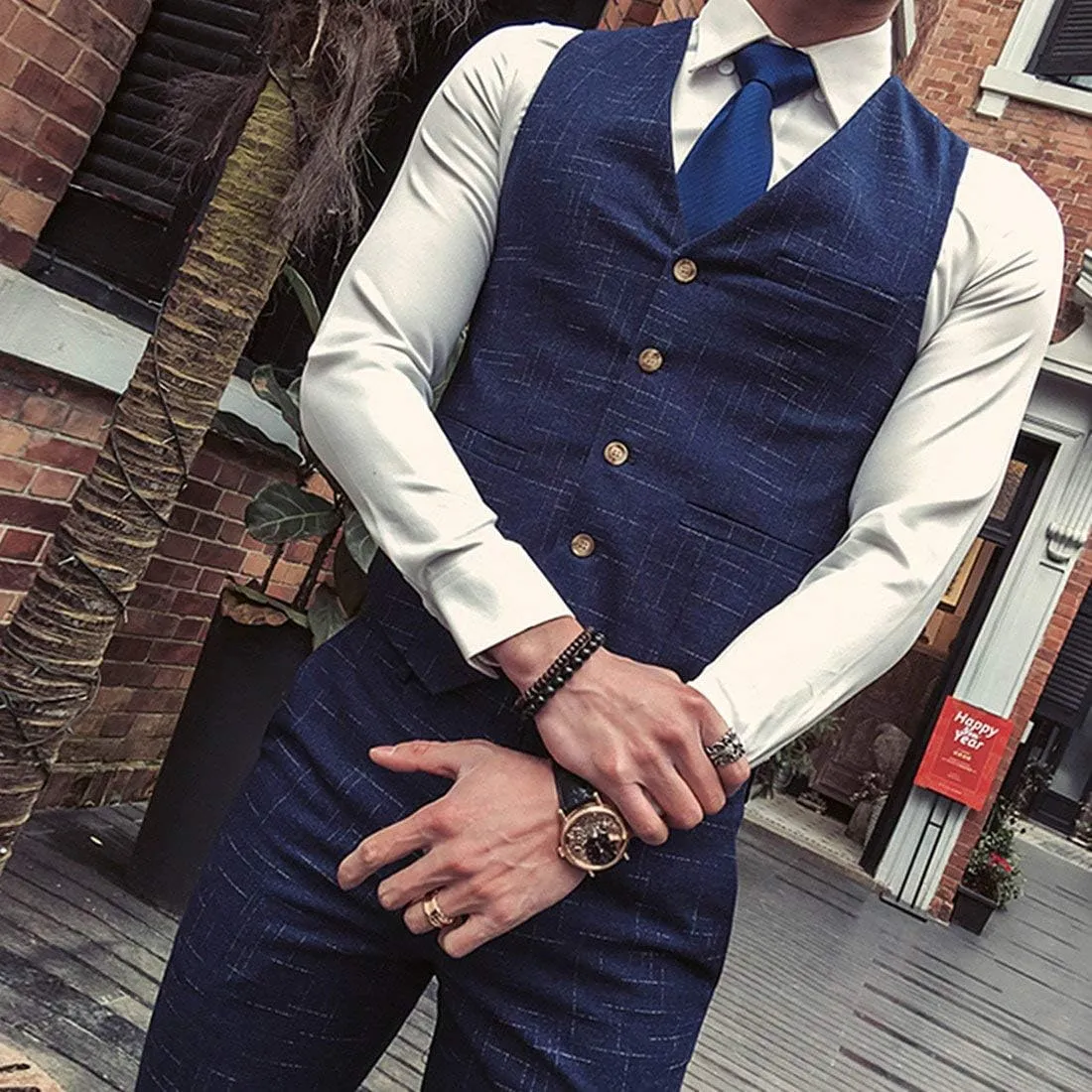 Men's Suits 3 Piece Classic Tweed Herringbone Check Tan Slim Fit Groom Tuxedos Formal Business Suits
