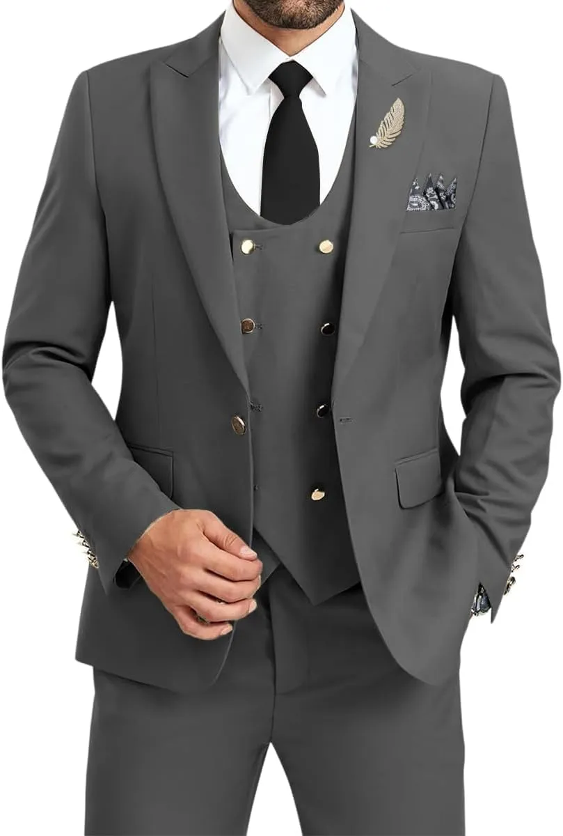 Men's Suits 3 Piece Double Breasted Slim Fit Suits for Men Business Wedding Prom Tuxedo Suit