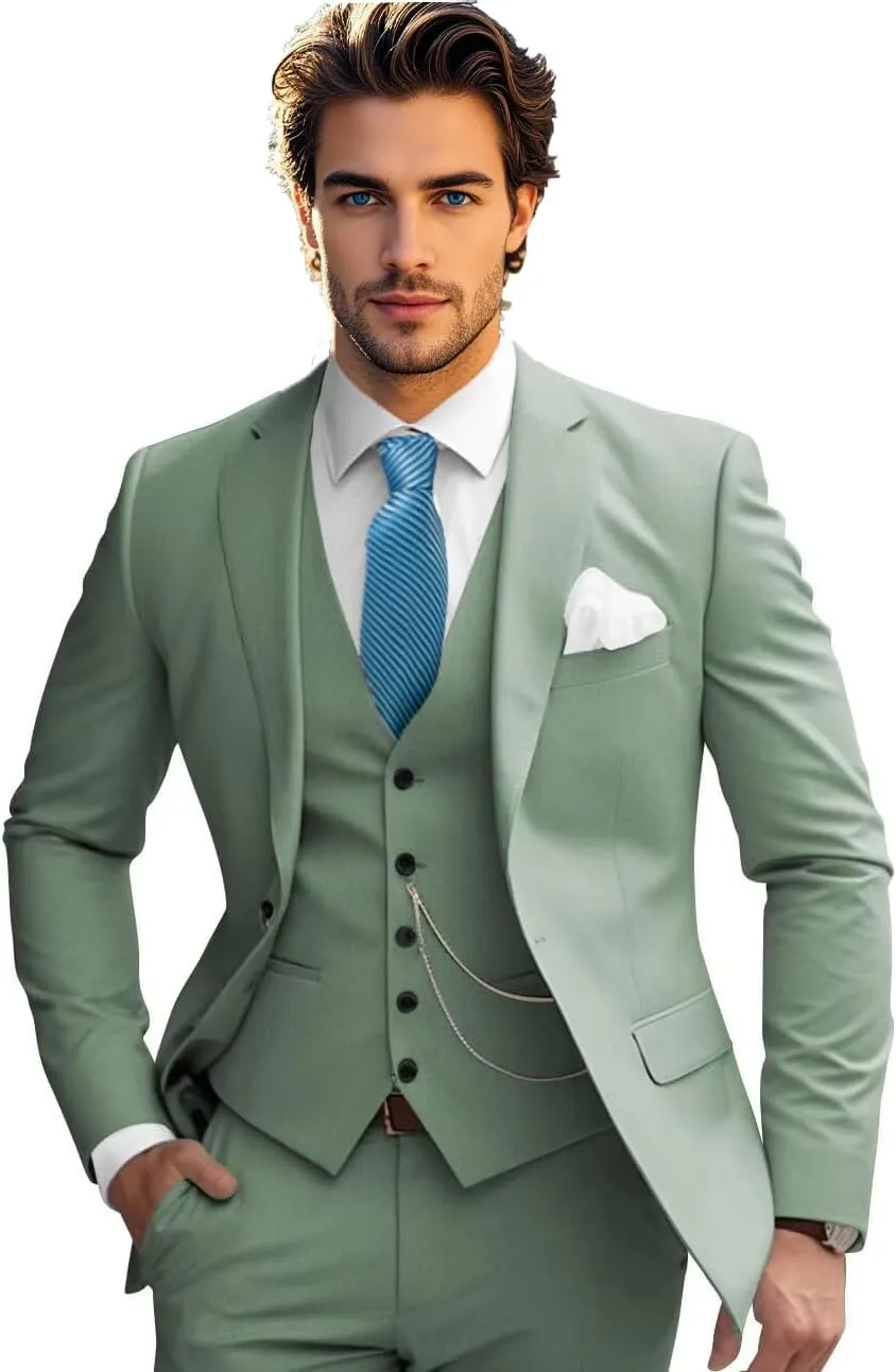 Mens Suits Slim Fit 3 Piece Suits for Men Wedding Prom Business Tux Suits One Button Blazer Vest Pants Set
