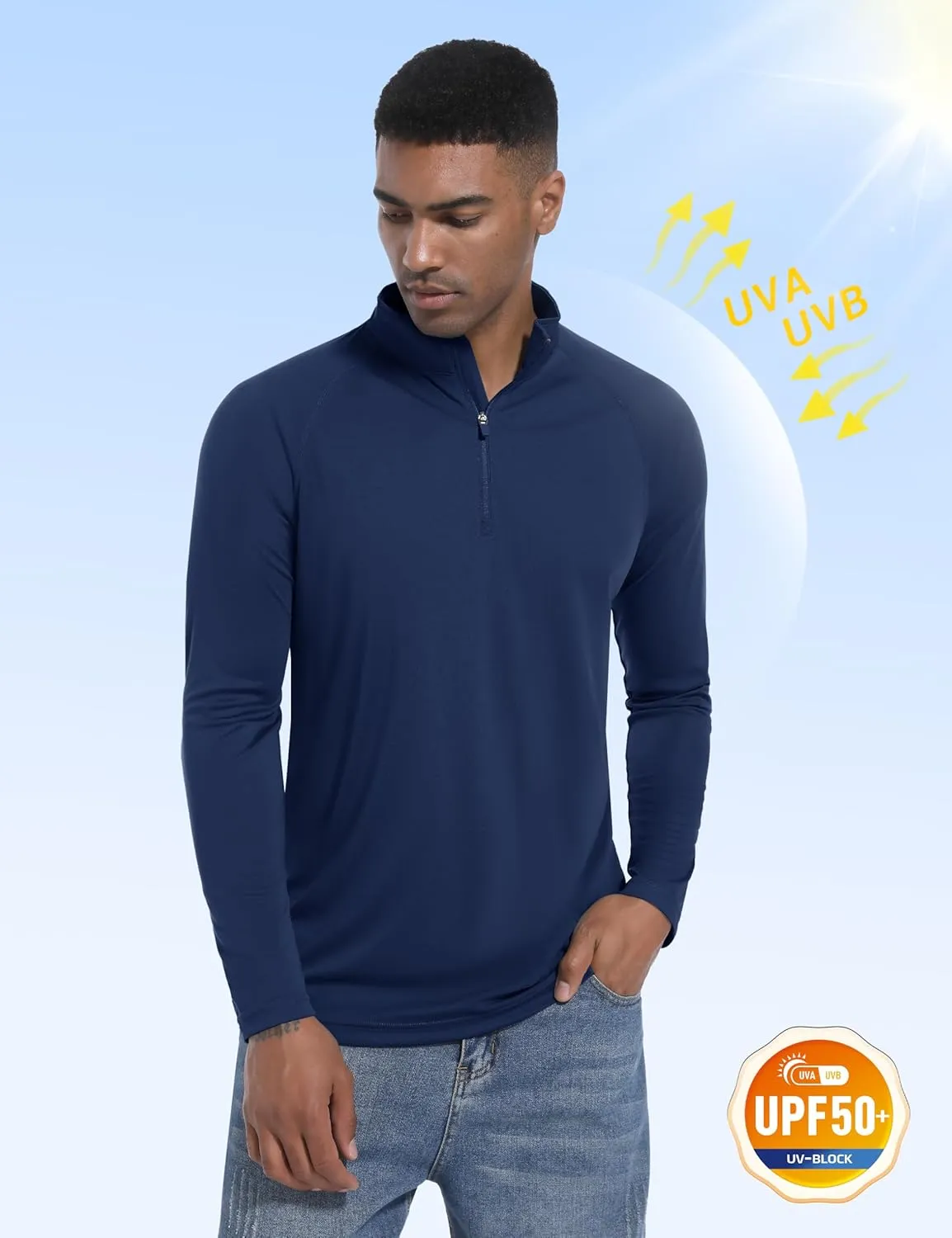 Mens Sun Shirts UPF50  Long Sleeve 1/4 Zip Quick Dry Shirts UV Protection Workout Athletic Rush Guard