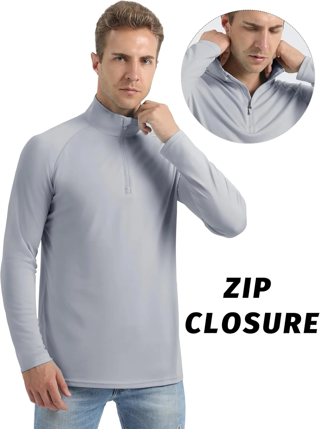 Mens Sun Shirts UPF50  Long Sleeve 1/4 Zip Quick Dry Shirts UV Protection Workout Athletic Rush Guard