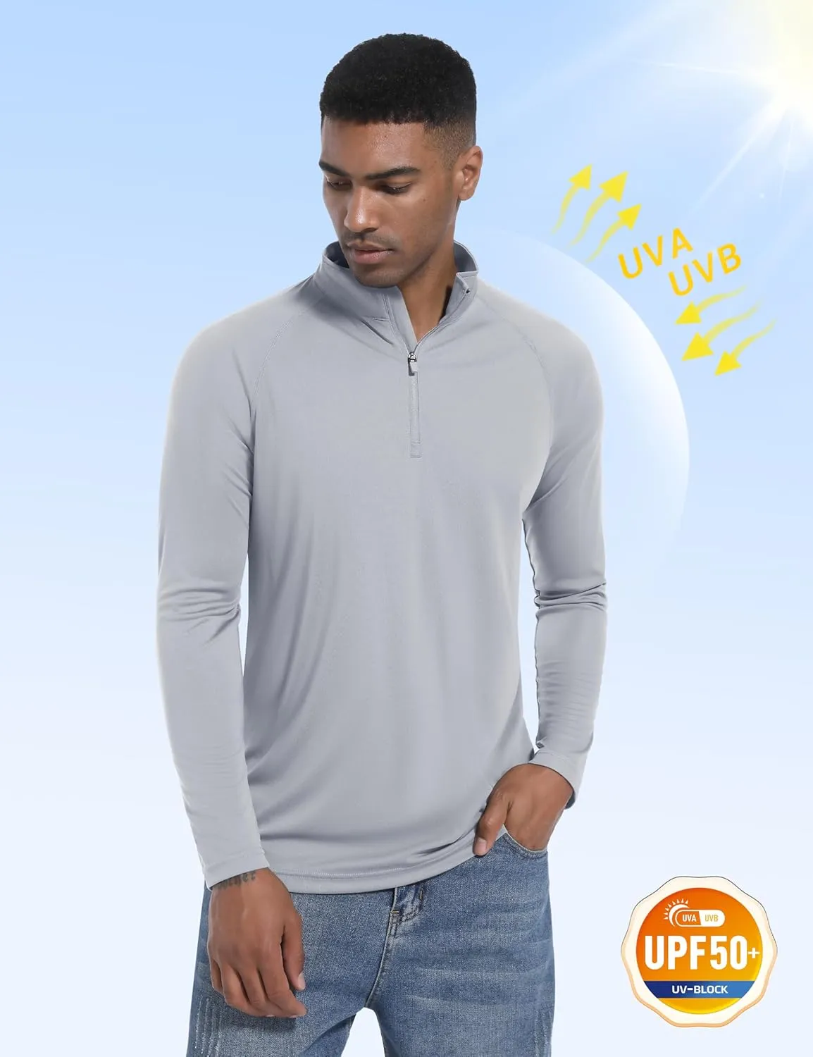 Mens Sun Shirts UPF50  Long Sleeve 1/4 Zip Quick Dry Shirts UV Protection Workout Athletic Rush Guard