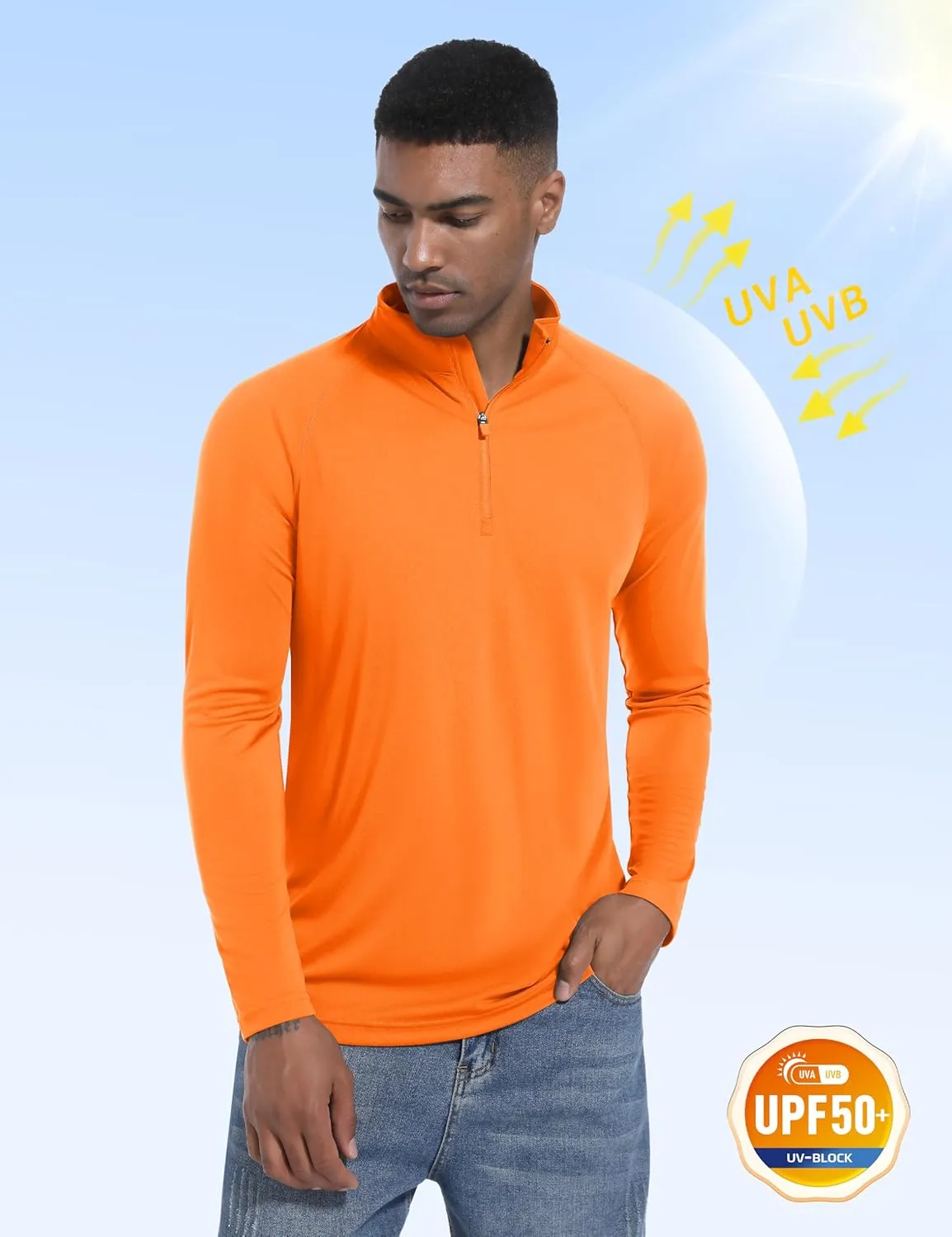 Mens Sun Shirts UPF50  Long Sleeve 1/4 Zip Quick Dry Shirts UV Protection Workout Athletic Rush Guard