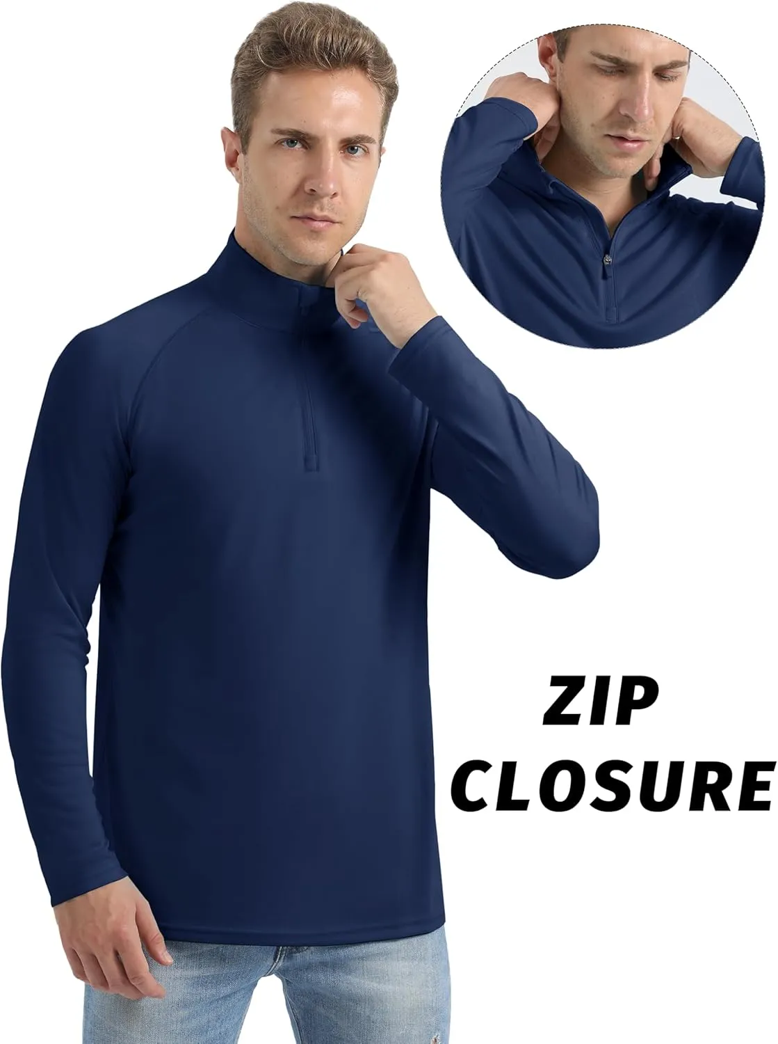 Mens Sun Shirts UPF50  Long Sleeve 1/4 Zip Quick Dry Shirts UV Protection Workout Athletic Rush Guard