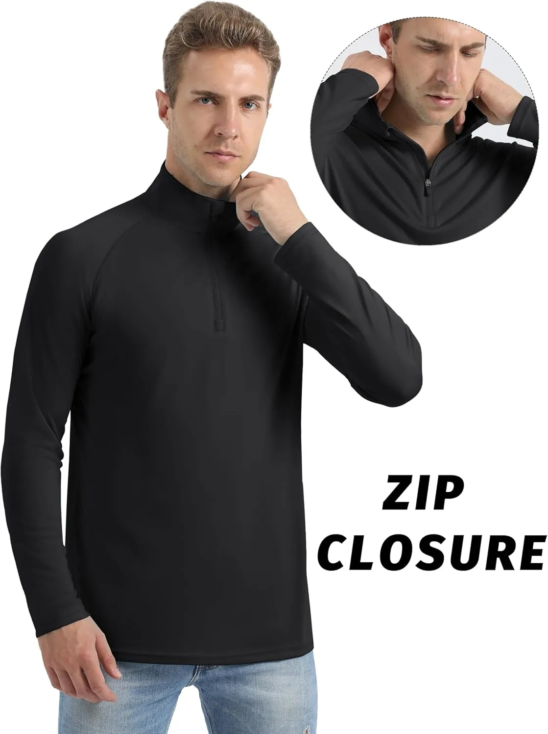 Mens Sun Shirts UPF50  Long Sleeve 1/4 Zip Quick Dry Shirts UV Protection Workout Athletic Rush Guard