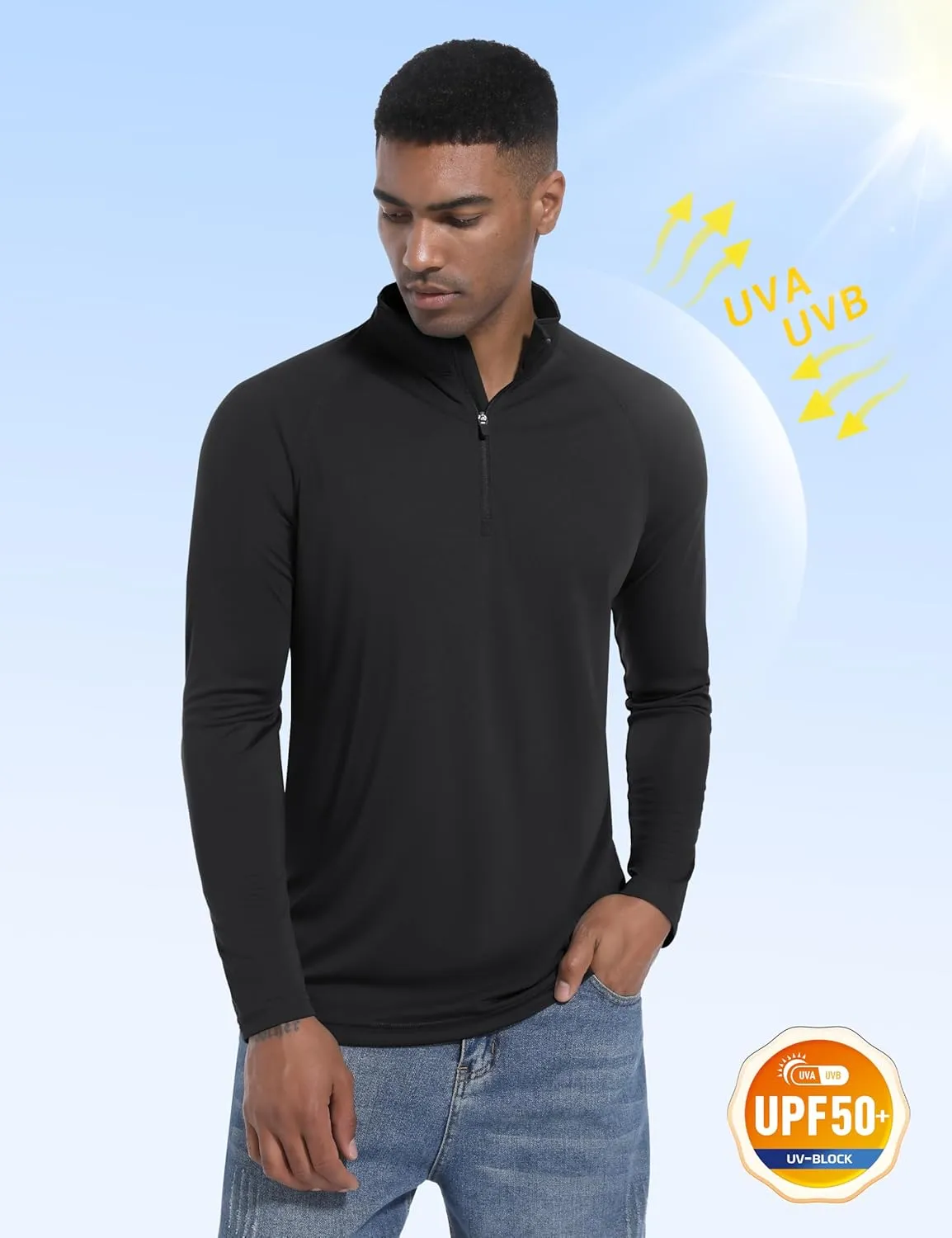 Mens Sun Shirts UPF50  Long Sleeve 1/4 Zip Quick Dry Shirts UV Protection Workout Athletic Rush Guard