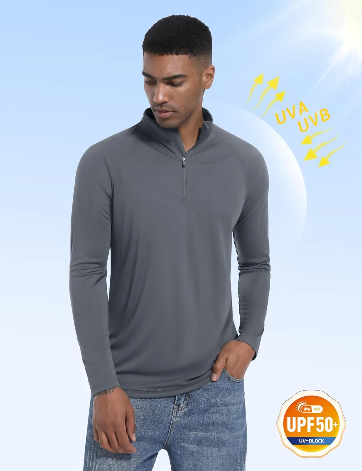 Mens Sun Shirts UPF50  Long Sleeve 1/4 Zip Quick Dry Shirts UV Protection Workout Athletic Rush Guard