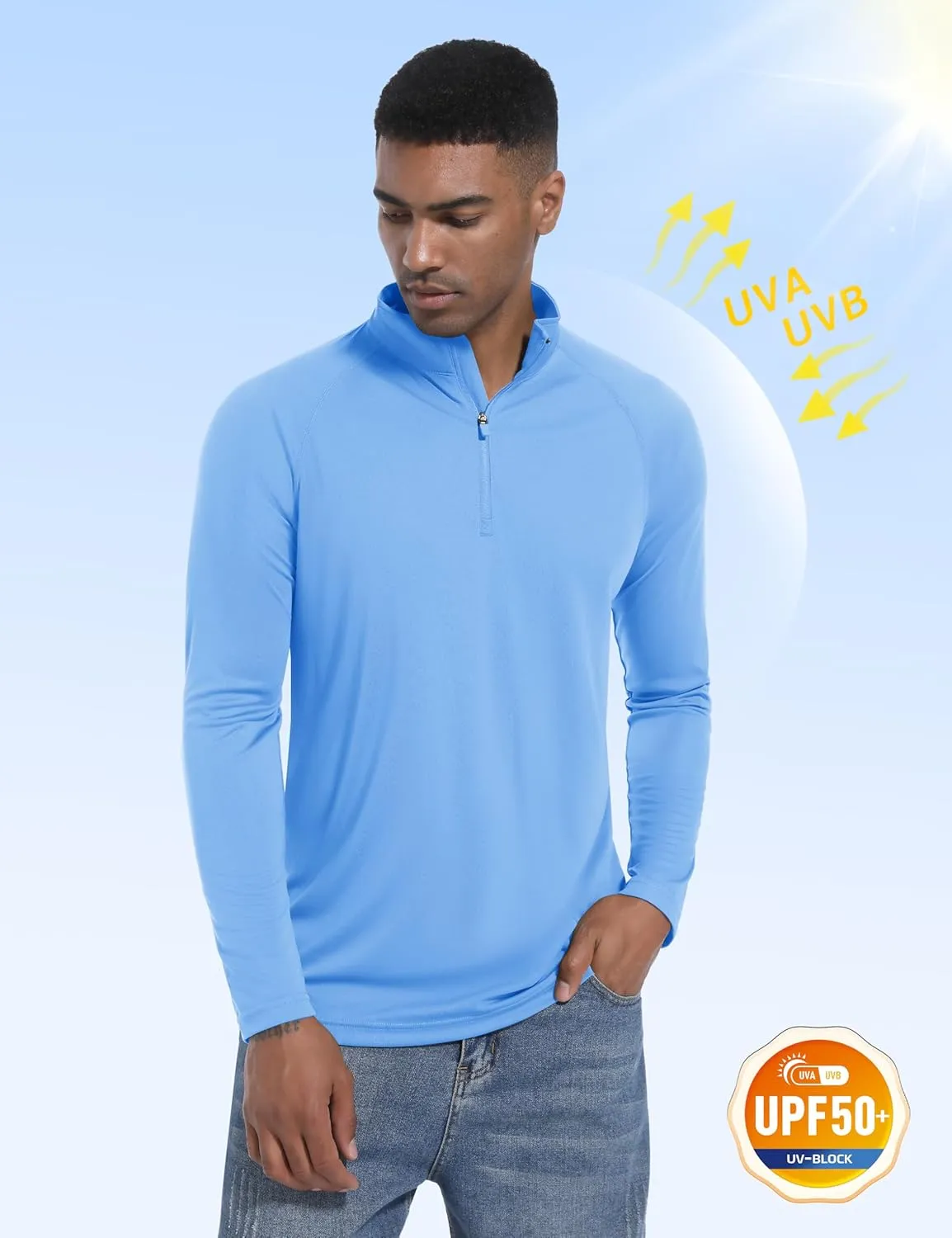 Mens Sun Shirts UPF50  Long Sleeve 1/4 Zip Quick Dry Shirts UV Protection Workout Athletic Rush Guard