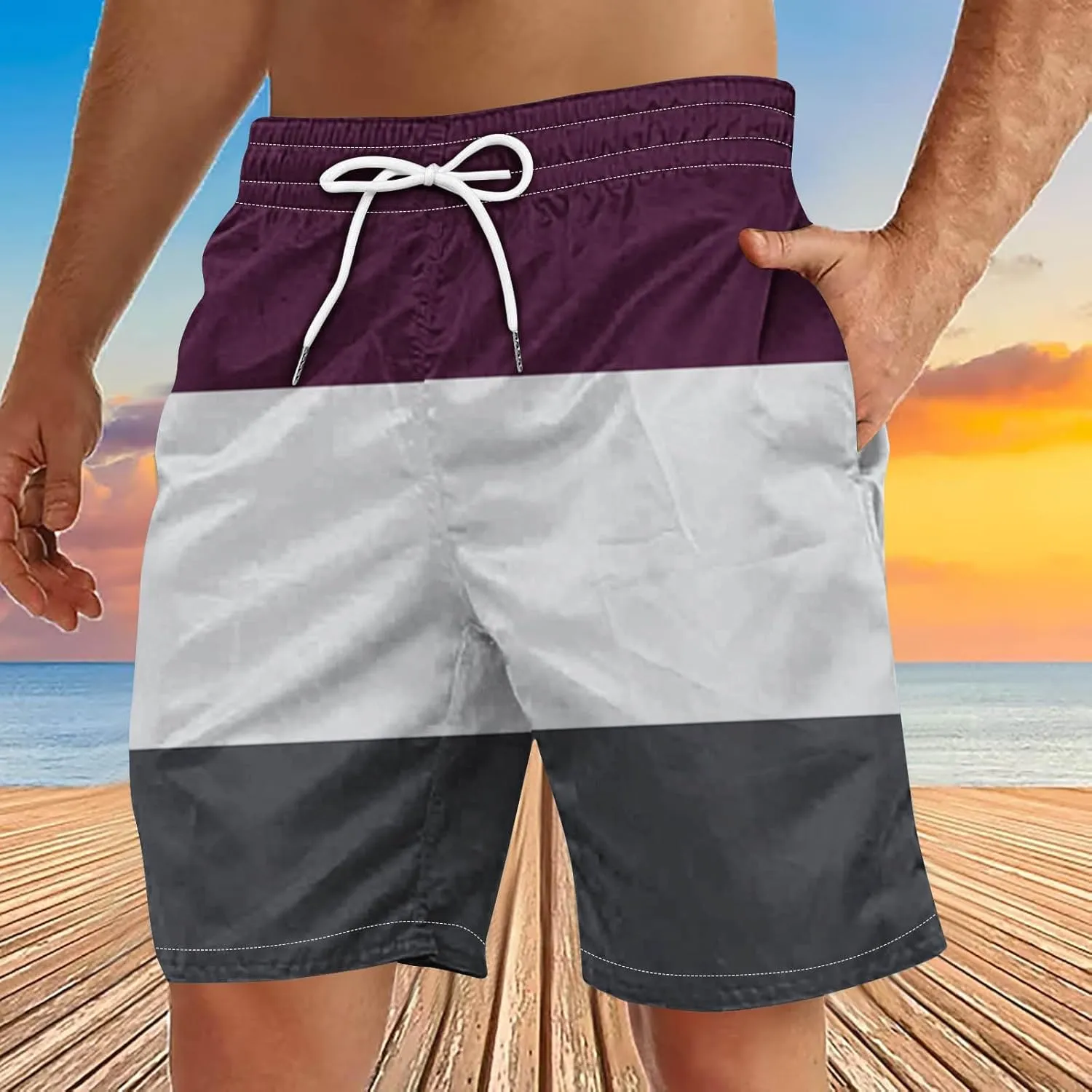 Men's Swim Trunks Casual Color Block Quick-Dry Surf Board Swimwears with Pockets Summer Holiday Hawaiian Beach Shorts