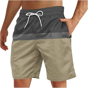 Men's Swim Trunks Casual Color Block Quick-Dry Surf Board Swimwears with Pockets Summer Holiday Hawaiian Beach Shorts