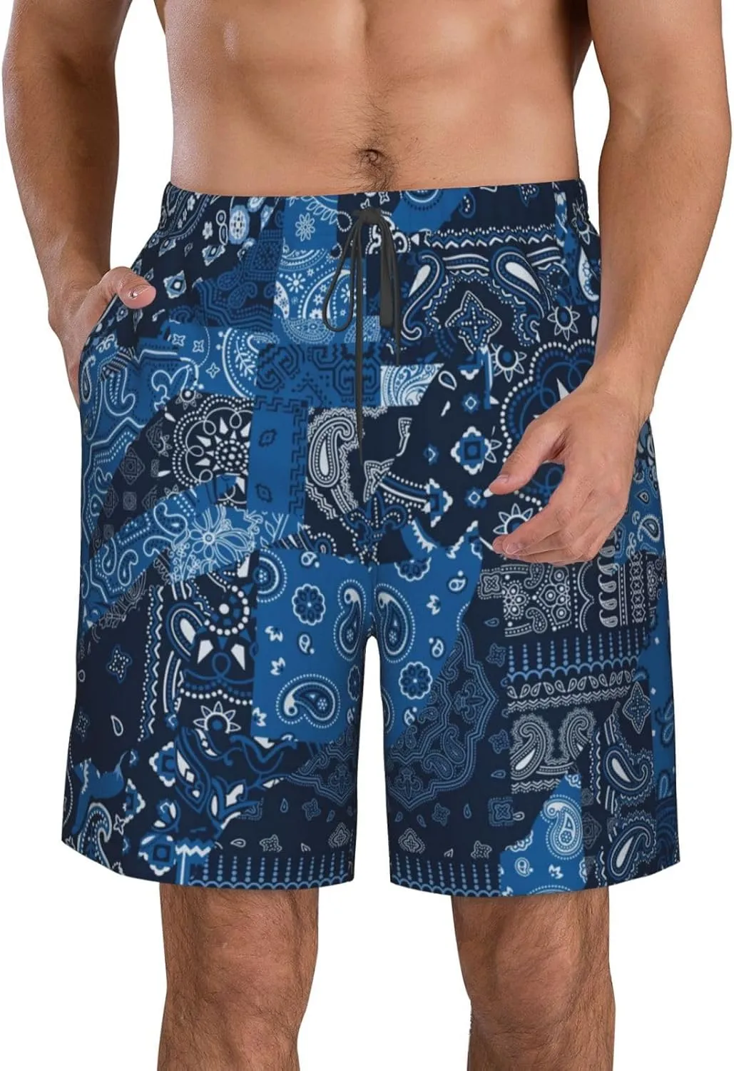 Men's Swim Trunks Quick Dry Board Shorts Blue Bandana Paisley Style Beach Shorts Casual Sports Running Shorts