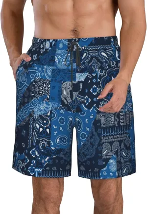 Men's Swim Trunks Quick Dry Board Shorts Blue Bandana Paisley Style Beach Shorts Casual Sports Running Shorts