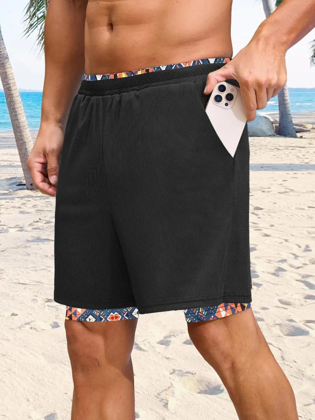 Mens Swim Trunks with Compression Liner 7 Inch Quick Dry Swimming Beach Board Shorts Bathing Suit with Pockets