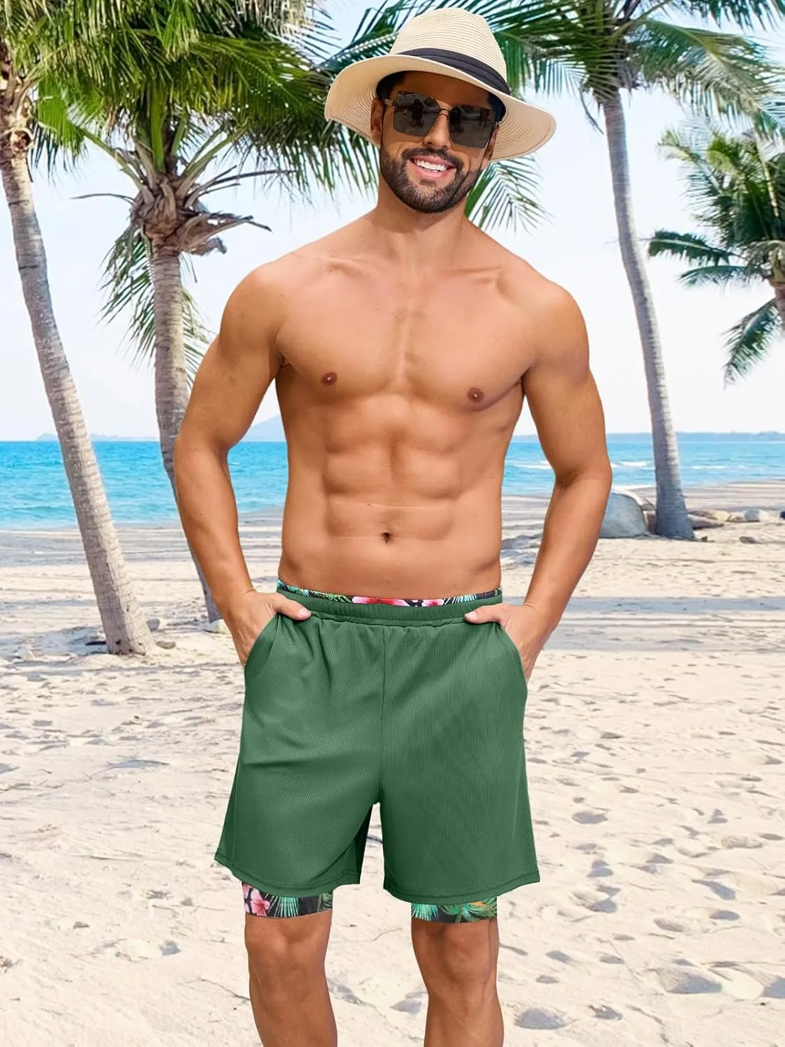 Mens Swim Trunks with Compression Liner 7 Inch Quick Dry Swimming Beach Board Shorts Bathing Suit with Pockets