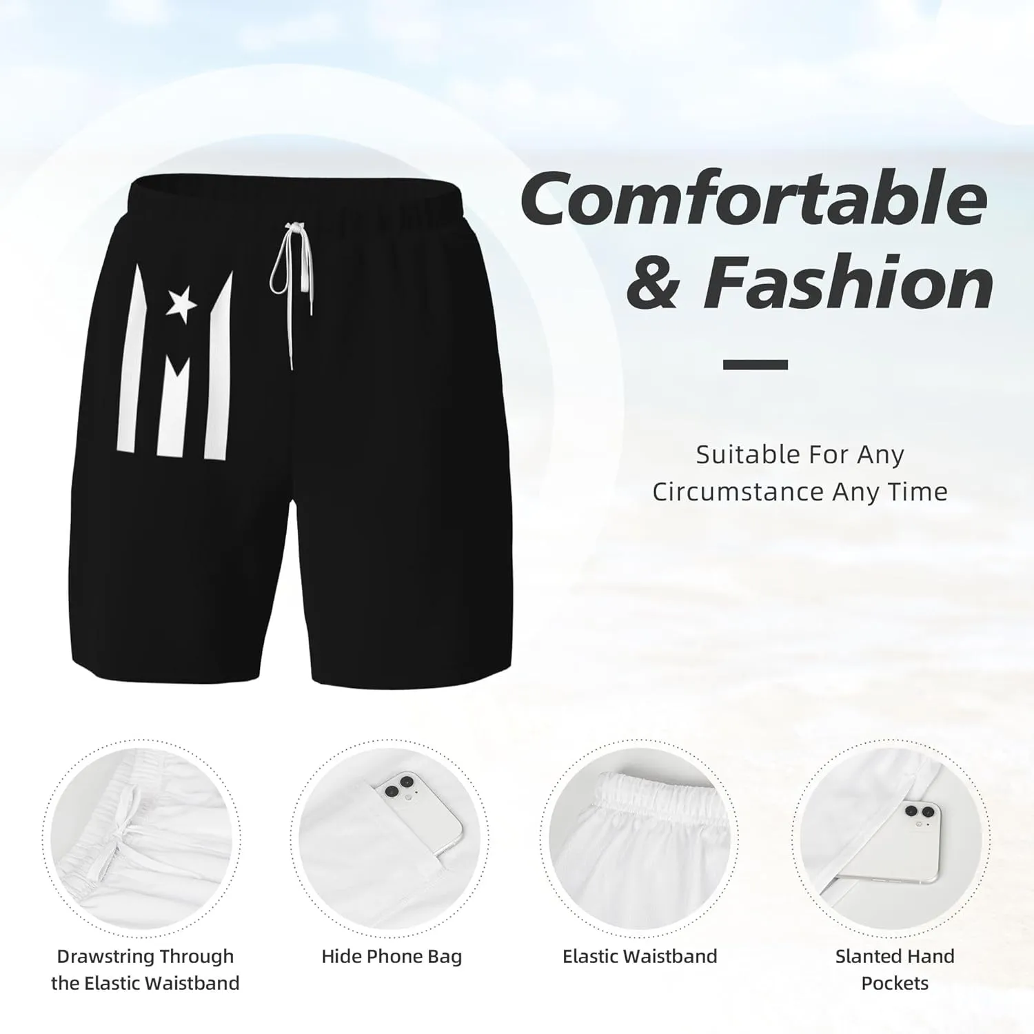 Mens Swim Trunks with Compression Liner Beach Board Shorts Quick Dry Swim Shorts -Puerto Rico Flag