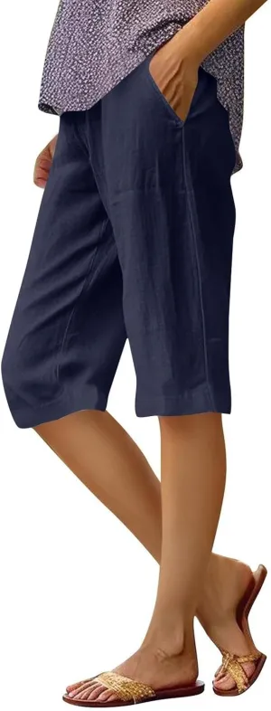 midelxp Linen Bermuda Shorts for Women High Waisted Summer-Shorts Loose Lightweight Knee Length Beach-Shorts with Pockets