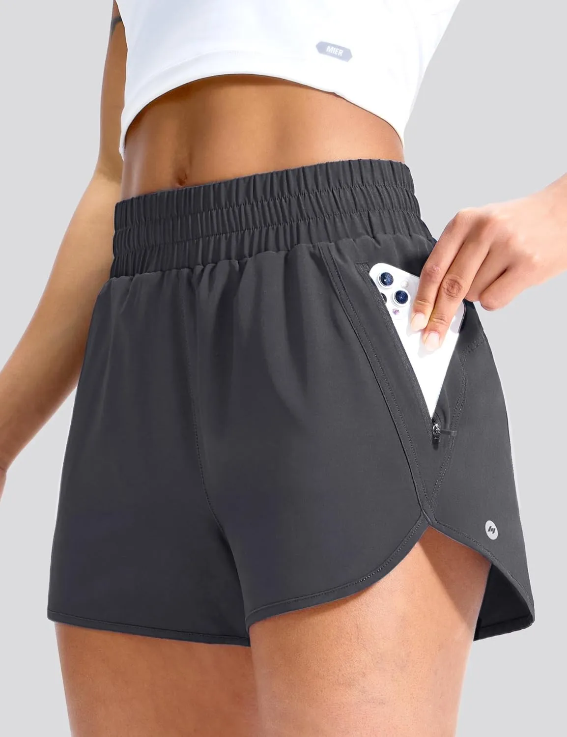 MIER Gym Running Shorts for Women Mid-Waisted Quick Dry Athletic Workout Sport Shorts with Mesh Liner, Zipper Pockets, 3 Inch