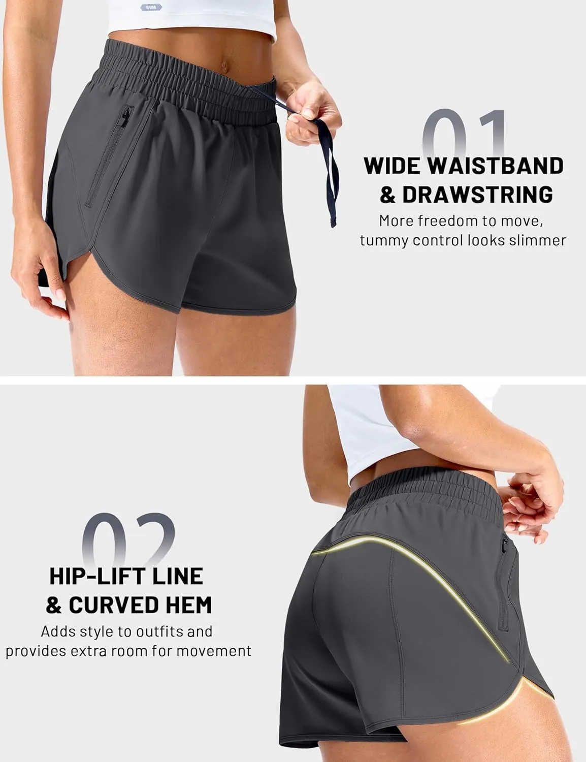 MIER Gym Running Shorts for Women Mid-Waisted Quick Dry Athletic Workout Sport Shorts with Mesh Liner, Zipper Pockets, 3 Inch