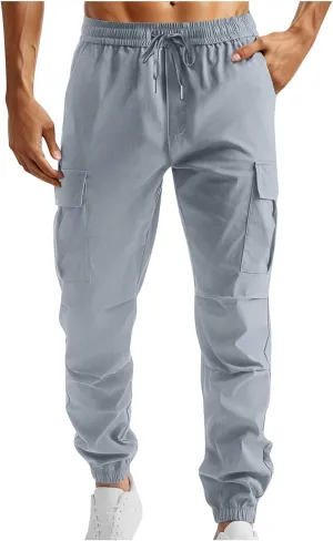 Muscularfit Mens Athletic Pants Outdoor Fashion Elastic Waist Drawstring Cargo Pants Multi Pocket Causal Beam Feet Sweatpant