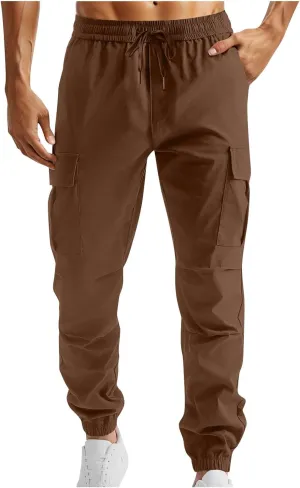 Muscularfit Mens Athletic Pants Outdoor Fashion Elastic Waist Drawstring Cargo Pants Multi Pocket Causal Beam Feet Sweatpant