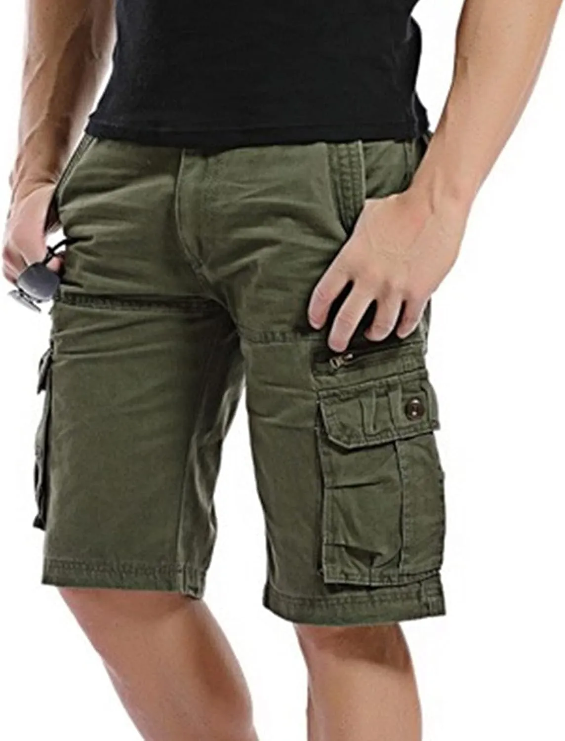 Muscularfit Mens Shorts Regular Fit Buckle Zipper Multi Pockets Cargo Shorts Summer Tooling Shorts Solid Work Utility Shorts