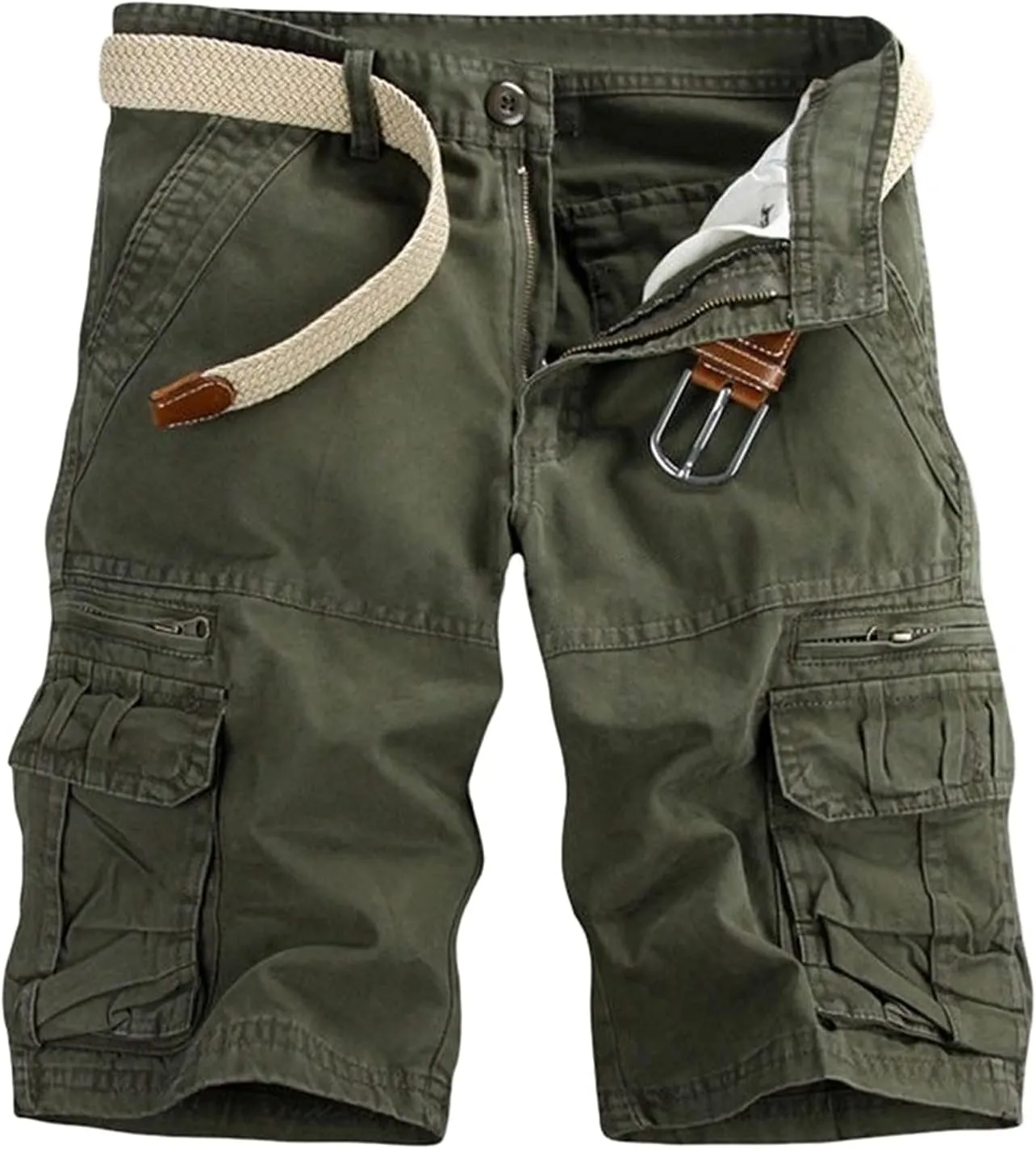 Muscularfit Mens Shorts Regular Fit Buckle Zipper Multi Pockets Cargo Shorts Summer Tooling Shorts Solid Work Utility Shorts