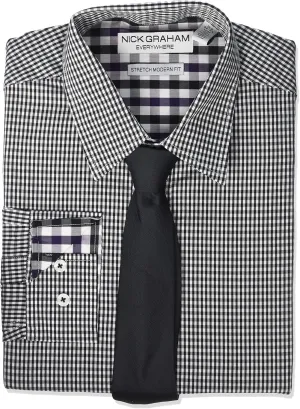 Nick Graham mens Stretch Modern Fit Gingham Dress Shirt and Solid Tie Set