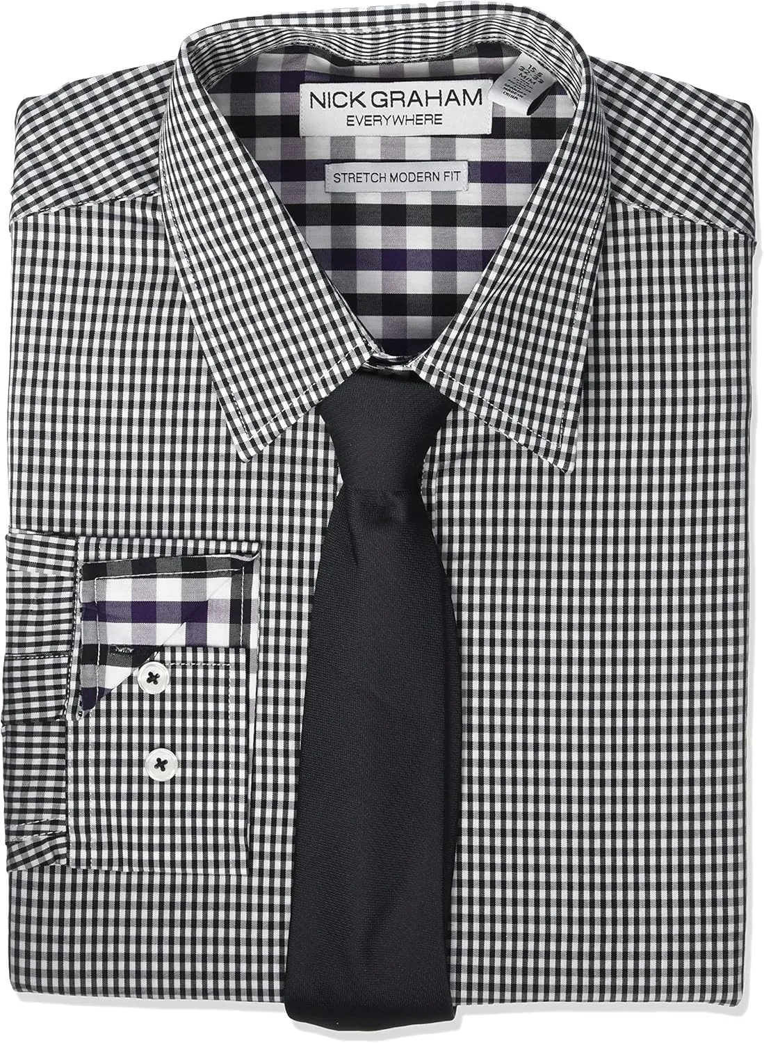 Nick Graham mens Stretch Modern Fit Gingham Dress Shirt and Solid Tie Set