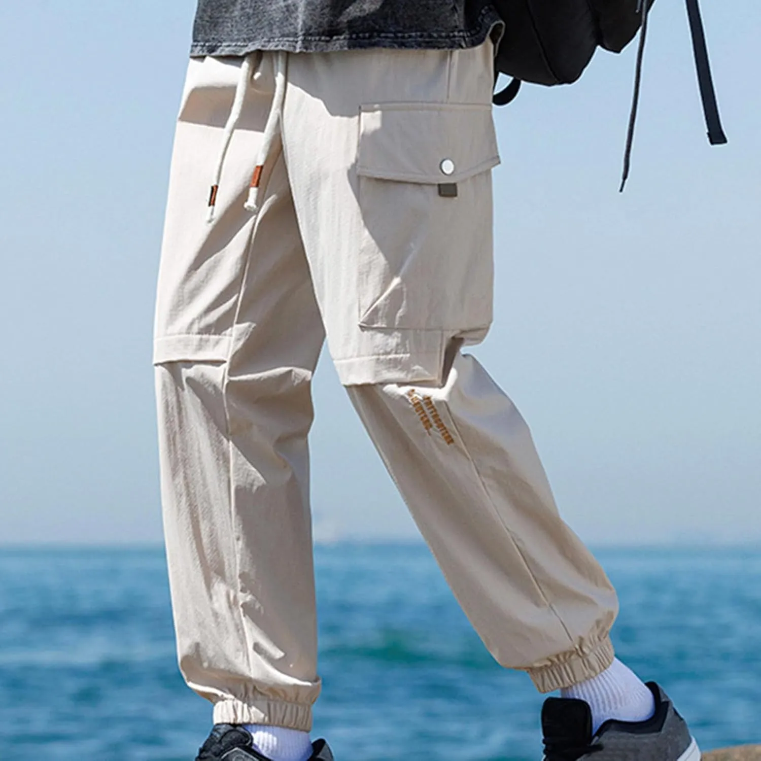 Outdoor Hiking Pants for Men Plus Size Solid Loose Fit Trouser Casual Fashion Elastic Waist Comfy Pant with Pockets