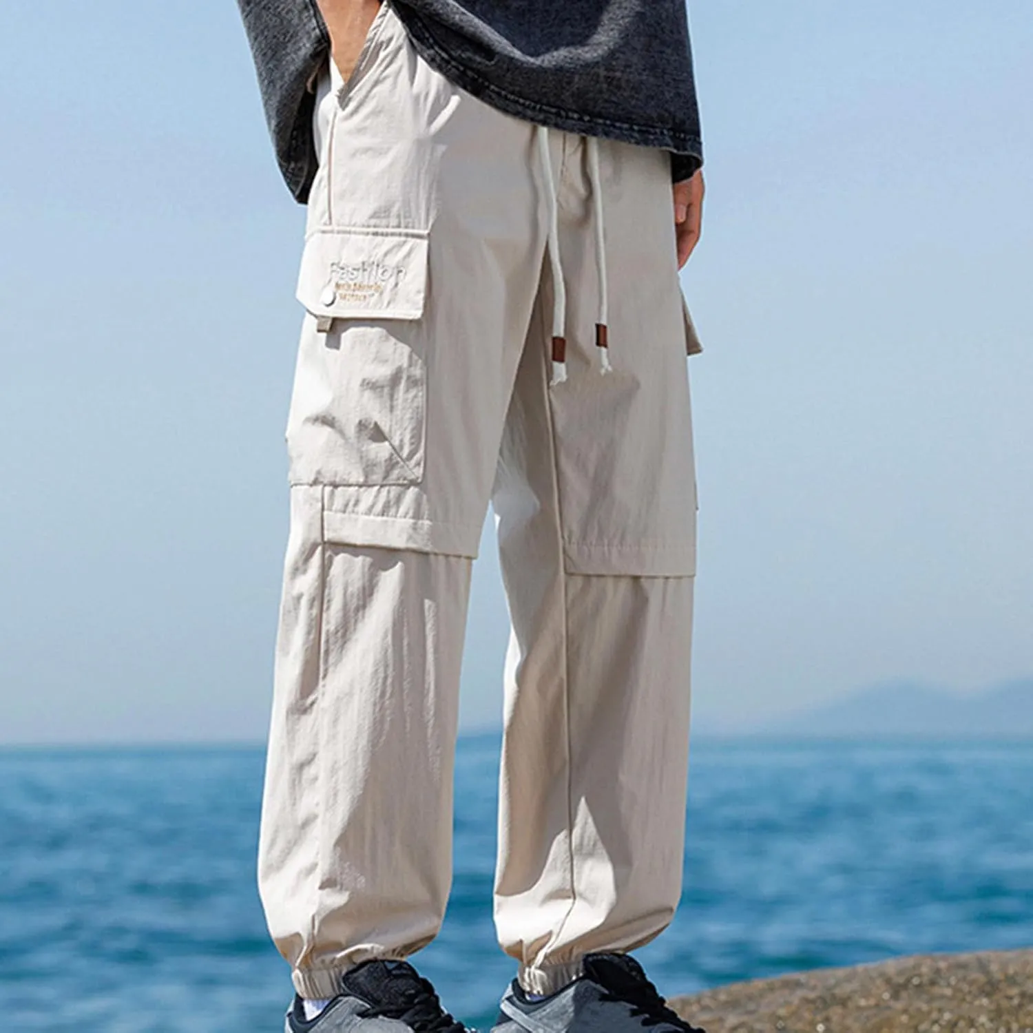 Outdoor Hiking Pants for Men Plus Size Solid Loose Fit Trouser Casual Fashion Elastic Waist Comfy Pant with Pockets