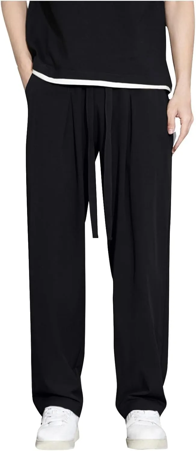 Plus Size Pants for Men Elastic Waist Drawstring Straight Leg Lounge Pant Casual Solid Loose Trousers with Pockets