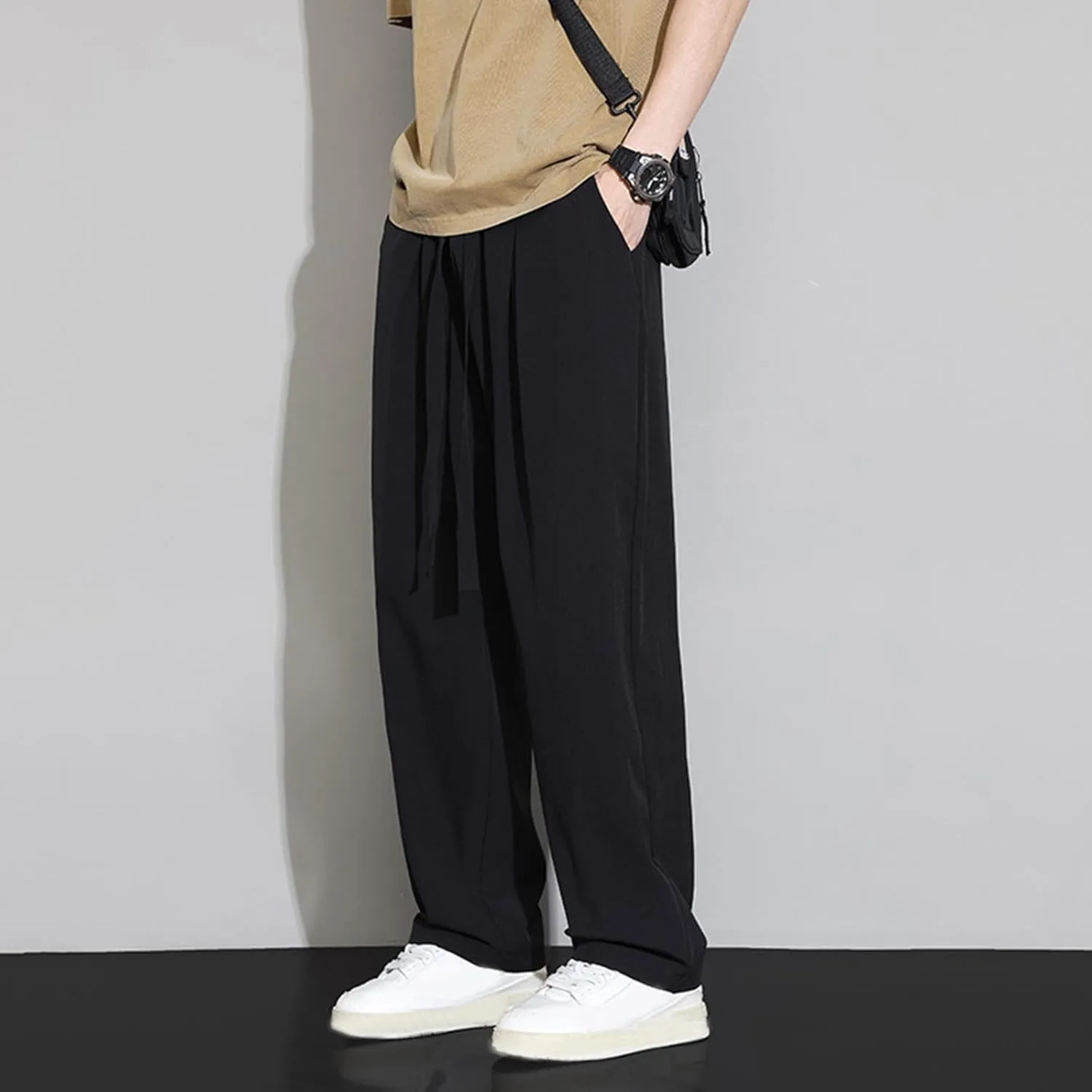 Plus Size Pants for Men Elastic Waist Drawstring Straight Leg Lounge Pant Casual Solid Loose Trousers with Pockets