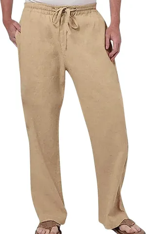 Polyester Pants Men Men's Cotton Linen Pants Lightweight Straight Legs Yoga Beach Pants Elastic Waist Drawstring Casual Trouser Chino Pants