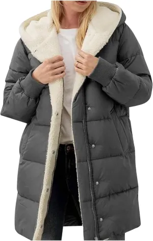 Quilted Puffer Jacket for Women Lined Fleece Coat Loose Fit Long Sleeve Hood Overcoat 2024 Temperament Cardigan Coats