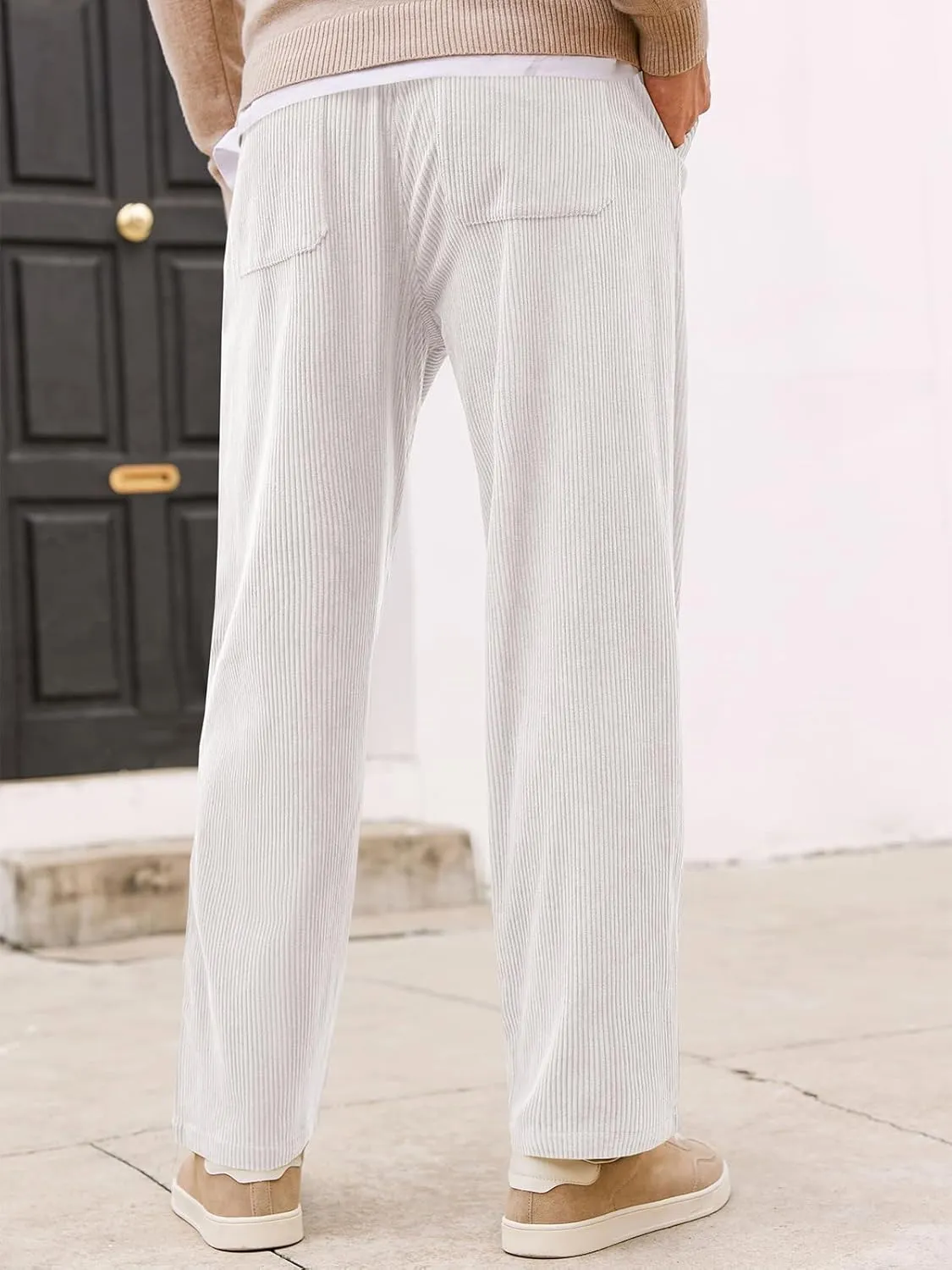 Runcati Mens Casual Corduroy Pants Elastic Waist Straight Leg Slacks Drawstring Loose Fit Trousers