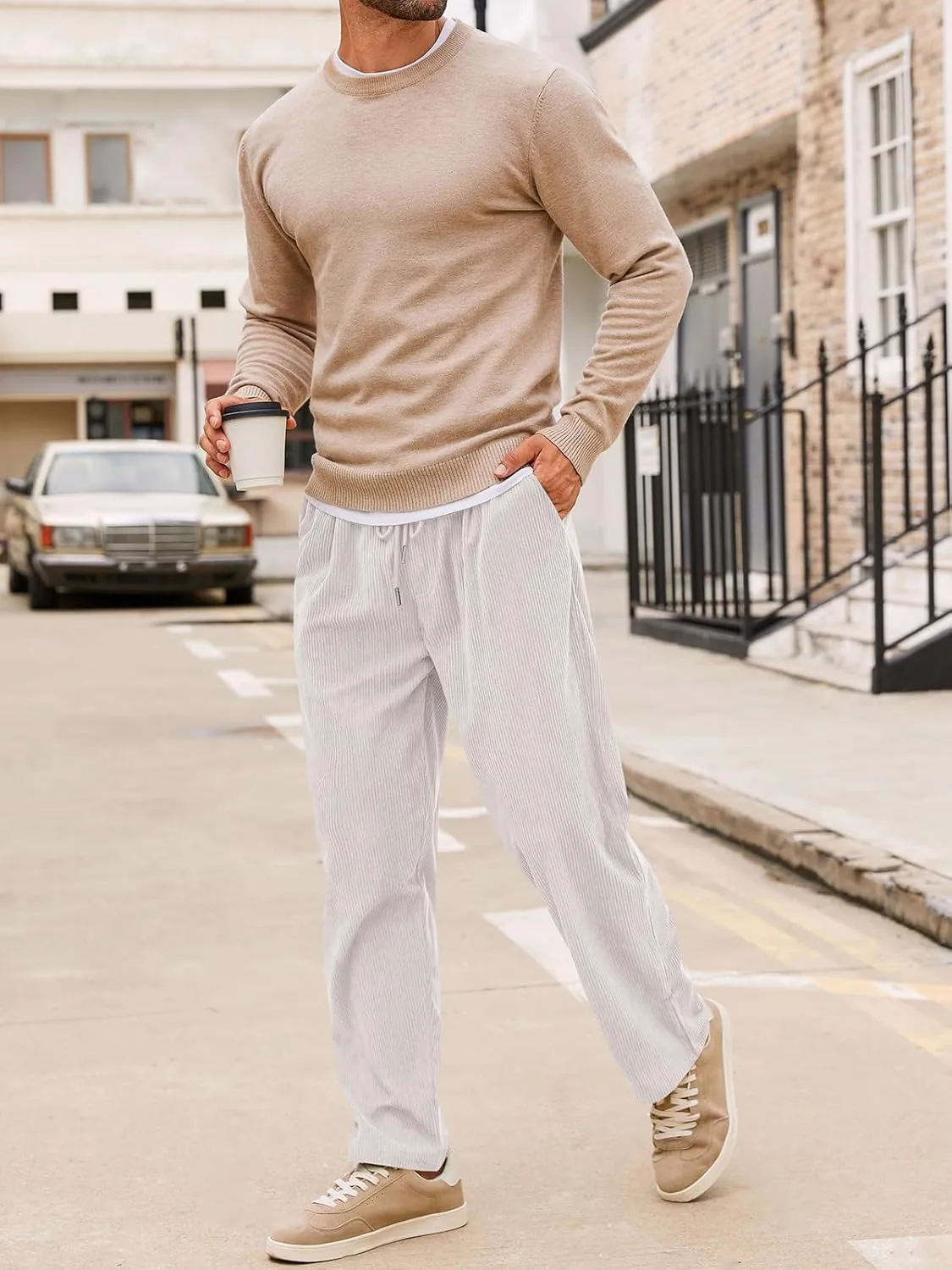 Runcati Mens Casual Corduroy Pants Elastic Waist Straight Leg Slacks Drawstring Loose Fit Trousers